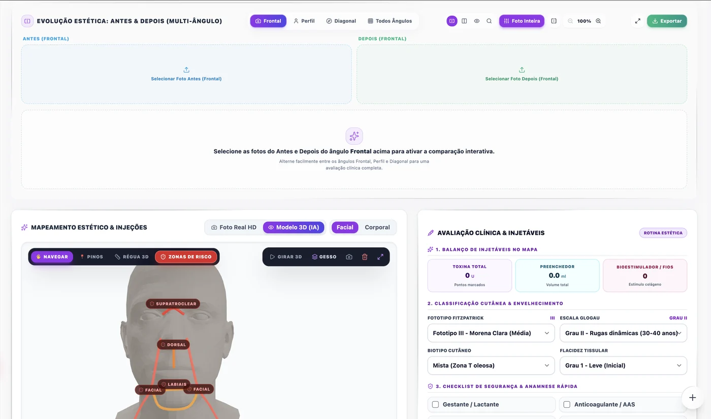 Mapeamento estético e injeções em modelo 3D do módulo de Estética