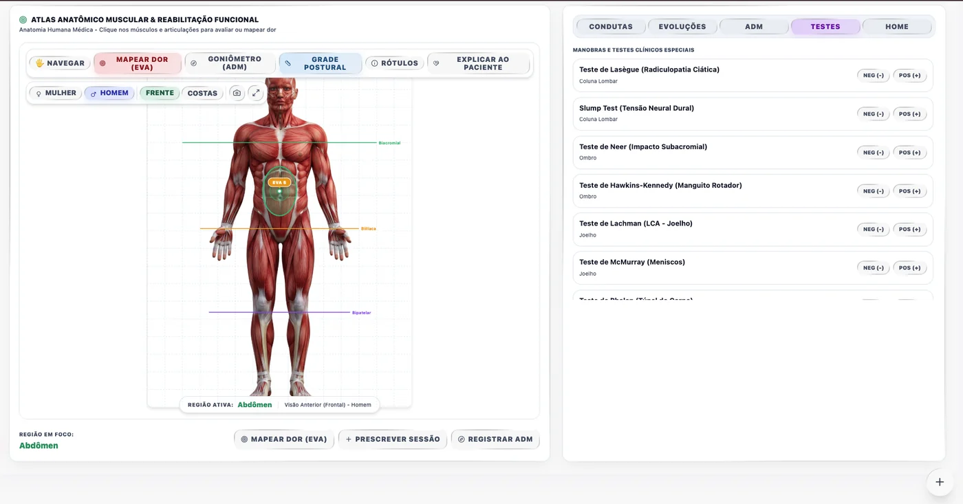 Atlas anatômico muscular com mapa de dor do módulo de Fisioterapia